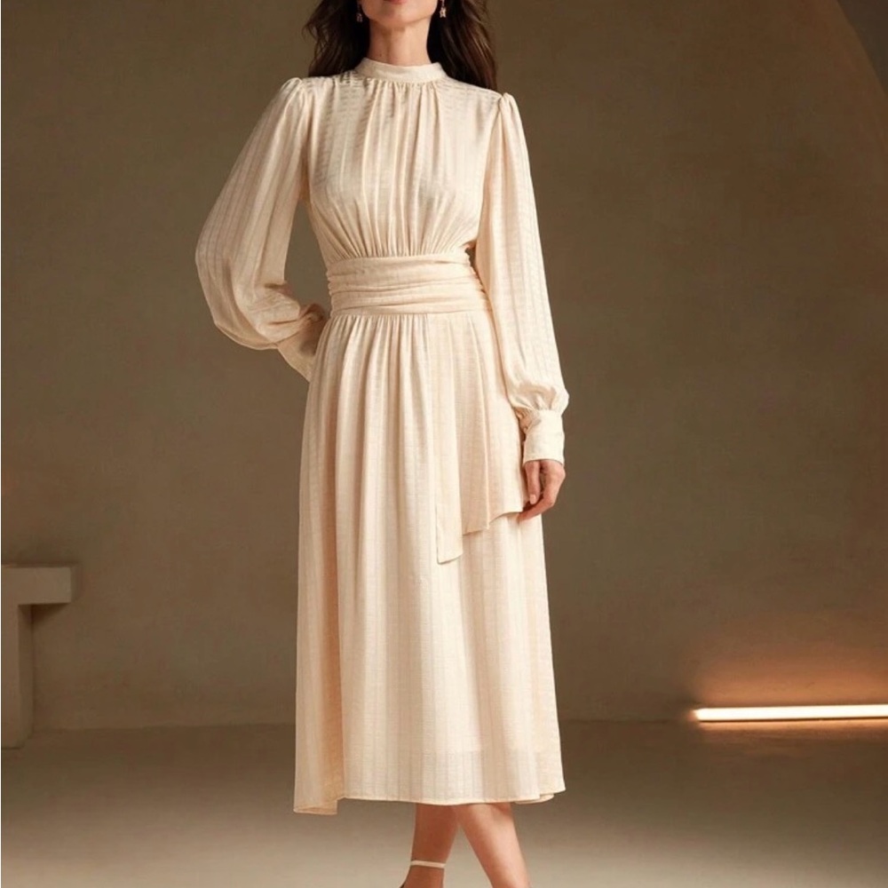 Elegant Cream Long-Sleeve Dress